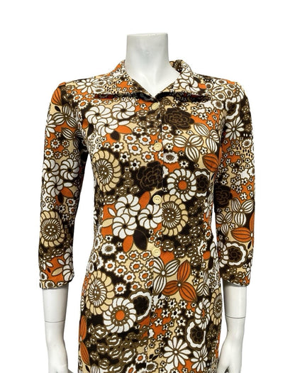 VTG 60S BROWN ORANGE WHITE BEIGE PSYCHEDELIC FLORAL SHIFT SHIRT DRESS 12