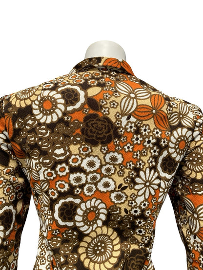 VTG 60S BROWN ORANGE WHITE BEIGE PSYCHEDELIC FLORAL SHIFT SHIRT DRESS 12