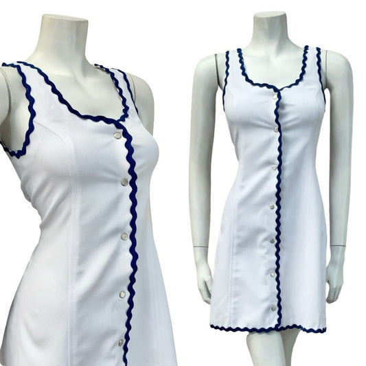 VTG 60S WHITE BLUE SPORTY MOD GOGO SCOOP NECK WAVY TRIM SUN DRESS 4
