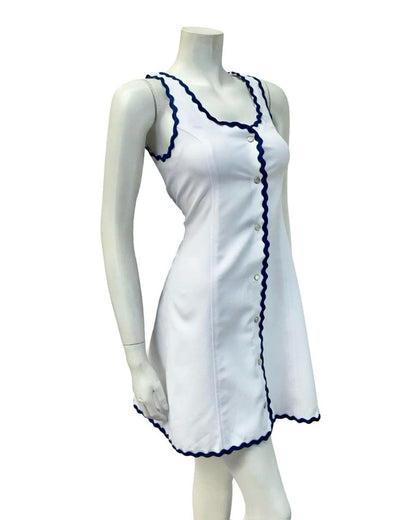 VTG 60S WHITE BLUE SPORTY MOD GOGO SCOOP NECK WAVY TRIM SUN DRESS 4