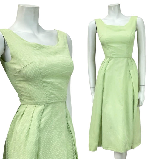 VTG 60S SAGE GREEN CREAM SWISS DOT PLEATED EVENING FORMAL COCKTAIL DRESS 4