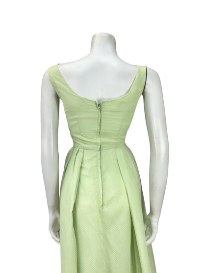 VTG 60S SAGE GREEN CREAM SWISS DOT PLEATED EVENING FORMAL COCKTAIL DRESS 4