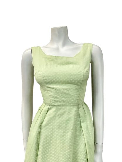 VTG 60S SAGE GREEN CREAM SWISS DOT PLEATED EVENING FORMAL COCKTAIL DRESS 4