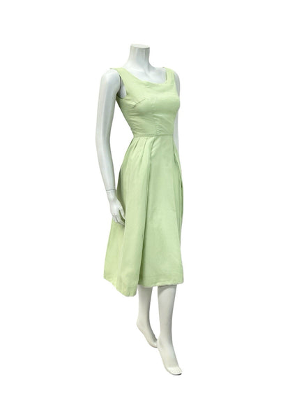 VTG 60S SAGE GREEN CREAM SWISS DOT PLEATED EVENING FORMAL COCKTAIL DRESS 4