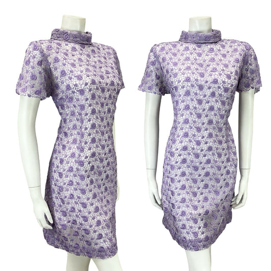 VTG 60S MOD GOGO PURPLE LACE WHITE FUNNEL NECK MINI SHIFT PART DRESS 14