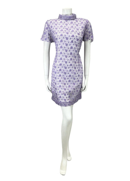 VTG 60S MOD GOGO PURPLE LACE WHITE FUNNEL NECK MINI SHIFT PART DRESS 14