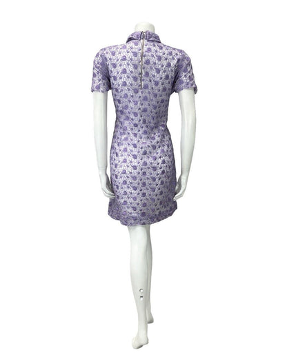 VTG 60S MOD GOGO PURPLE LACE WHITE FUNNEL NECK MINI SHIFT PART DRESS 14