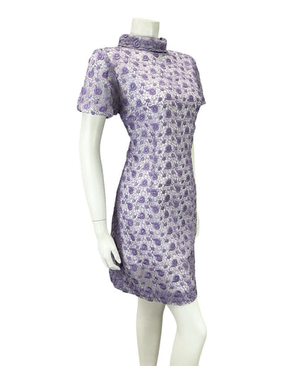 VTG 60S MOD GOGO PURPLE LACE WHITE FUNNEL NECK MINI SHIFT PART DRESS 14