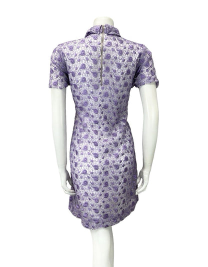VTG 60S MOD GOGO PURPLE LACE WHITE FUNNEL NECK MINI SHIFT PART DRESS 14