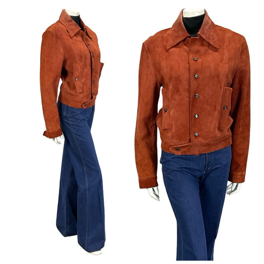 VTG 70S RUSTY REDDISH BROWN SUEDE CROPPED DAGGER COLLAR SUEDE JACKET 12 14 M