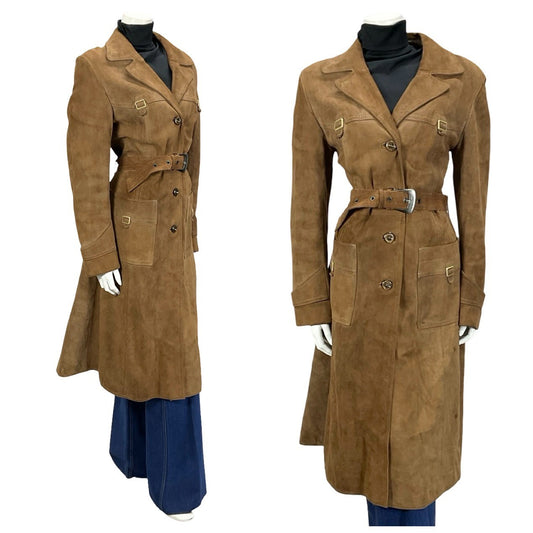 VTG 70S BROWN SUEDE SILVER WESTERN BUCKLE BELTED TRENCH COAT W/ POCKETS 12