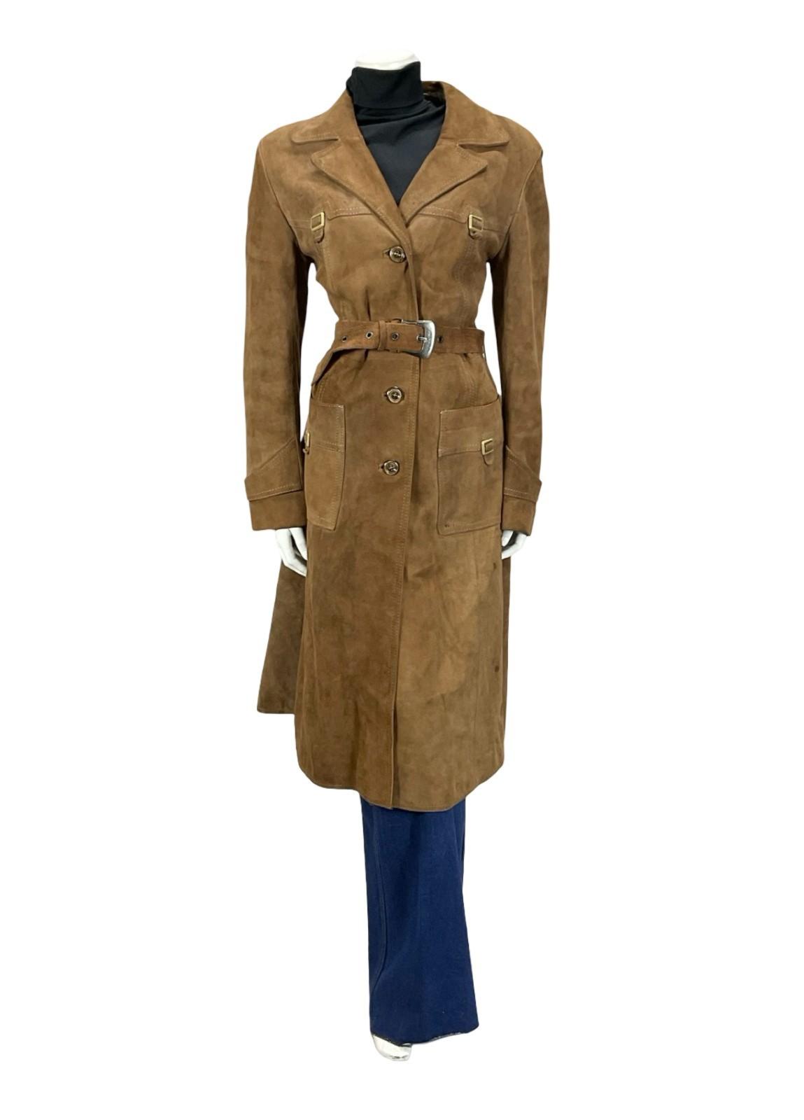 VTG 70S BROWN SUEDE SILVER WESTERN BUCKLE BELTED TRENCH COAT W/ POCKETS 12