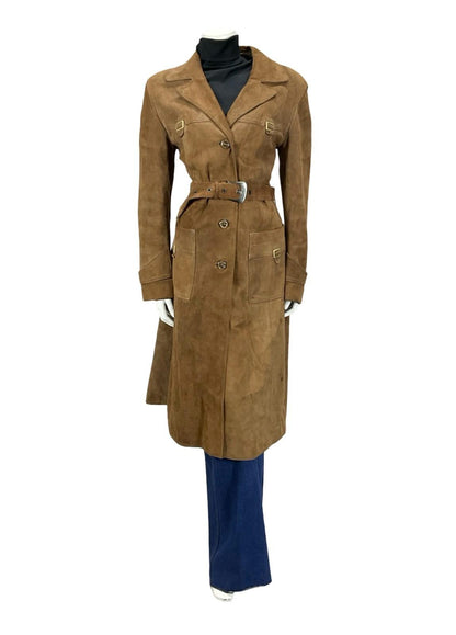 VTG 70S BROWN SUEDE SILVER WESTERN BUCKLE BELTED TRENCH COAT W/ POCKETS 12