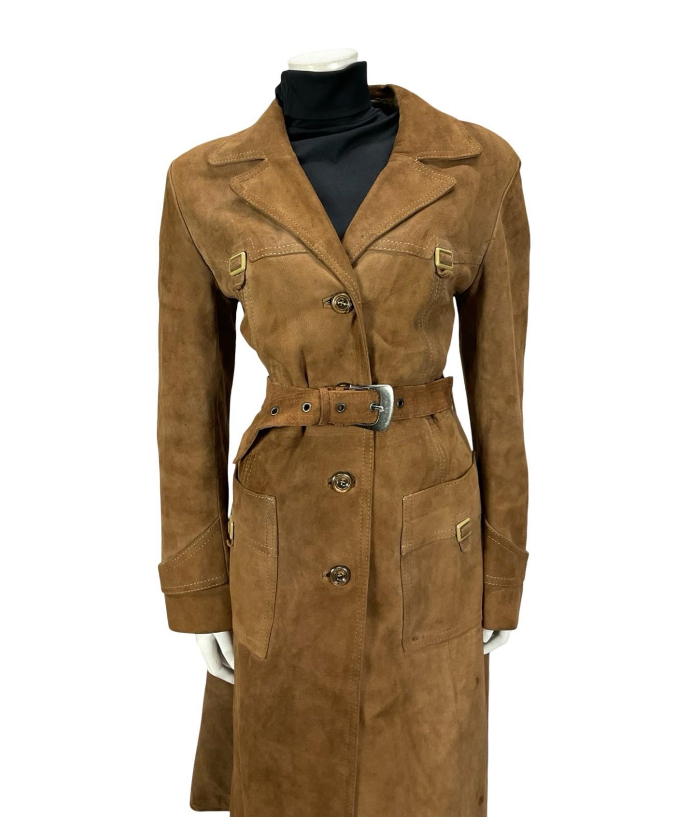VTG 70S BROWN SUEDE SILVER WESTERN BUCKLE BELTED TRENCH COAT W/ POCKETS 12