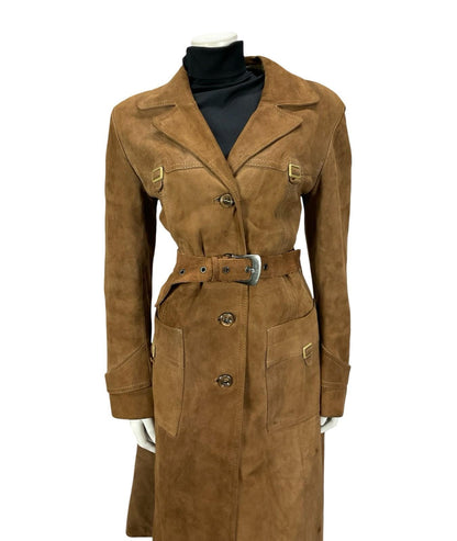 VTG 70S BROWN SUEDE SILVER WESTERN BUCKLE BELTED TRENCH COAT W/ POCKETS 12