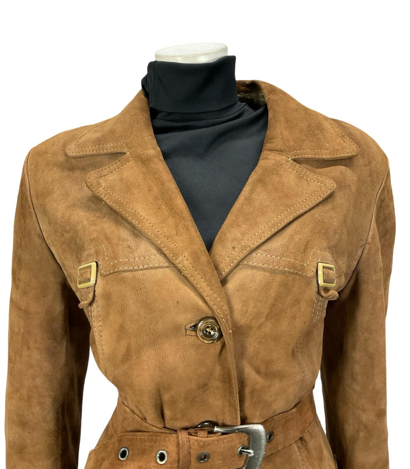 VTG 70S BROWN SUEDE SILVER WESTERN BUCKLE BELTED TRENCH COAT W/ POCKETS 12
