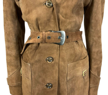 VTG 70S BROWN SUEDE SILVER WESTERN BUCKLE BELTED TRENCH COAT W/ POCKETS 12