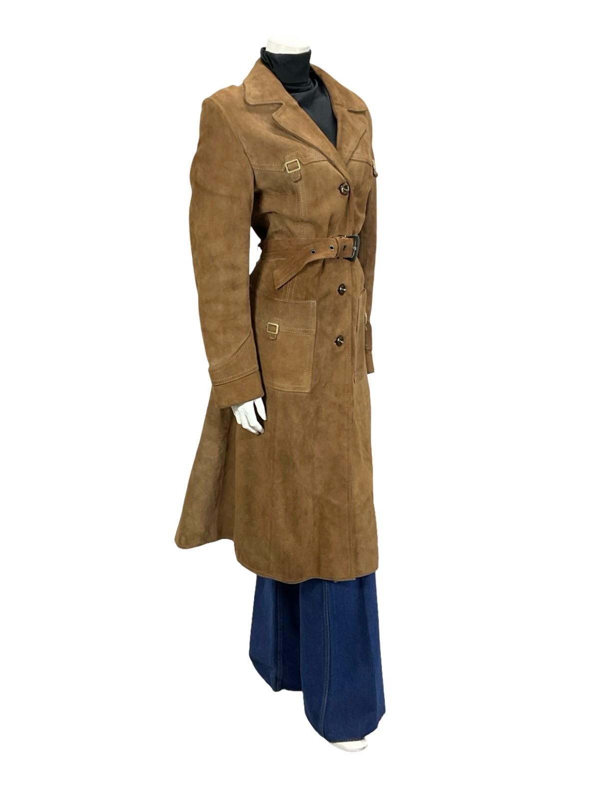 VTG 70S BROWN SUEDE SILVER WESTERN BUCKLE BELTED TRENCH COAT W/ POCKETS 12