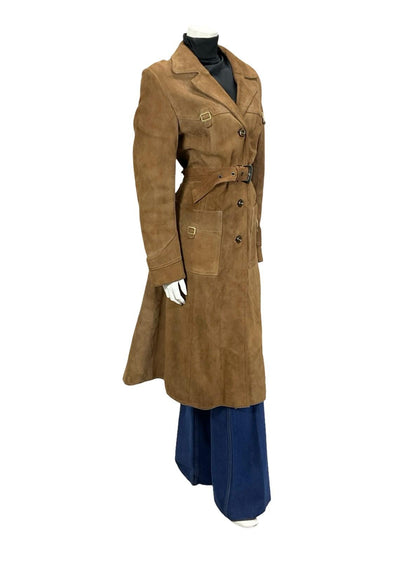 VTG 70S BROWN SUEDE SILVER WESTERN BUCKLE BELTED TRENCH COAT W/ POCKETS 12
