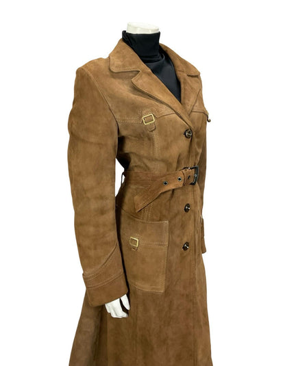 VTG 70S BROWN SUEDE SILVER WESTERN BUCKLE BELTED TRENCH COAT W/ POCKETS 12
