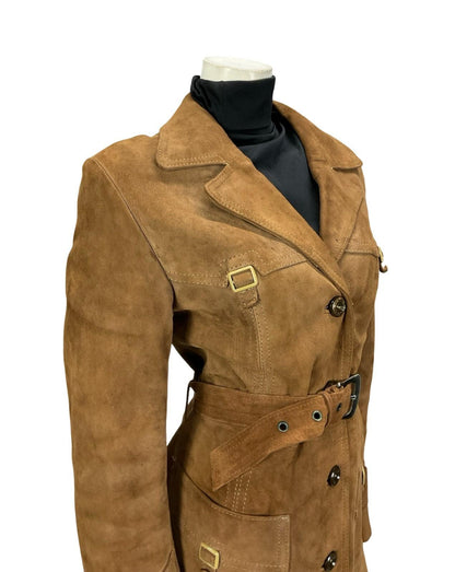 VTG 70S BROWN SUEDE SILVER WESTERN BUCKLE BELTED TRENCH COAT W/ POCKETS 12
