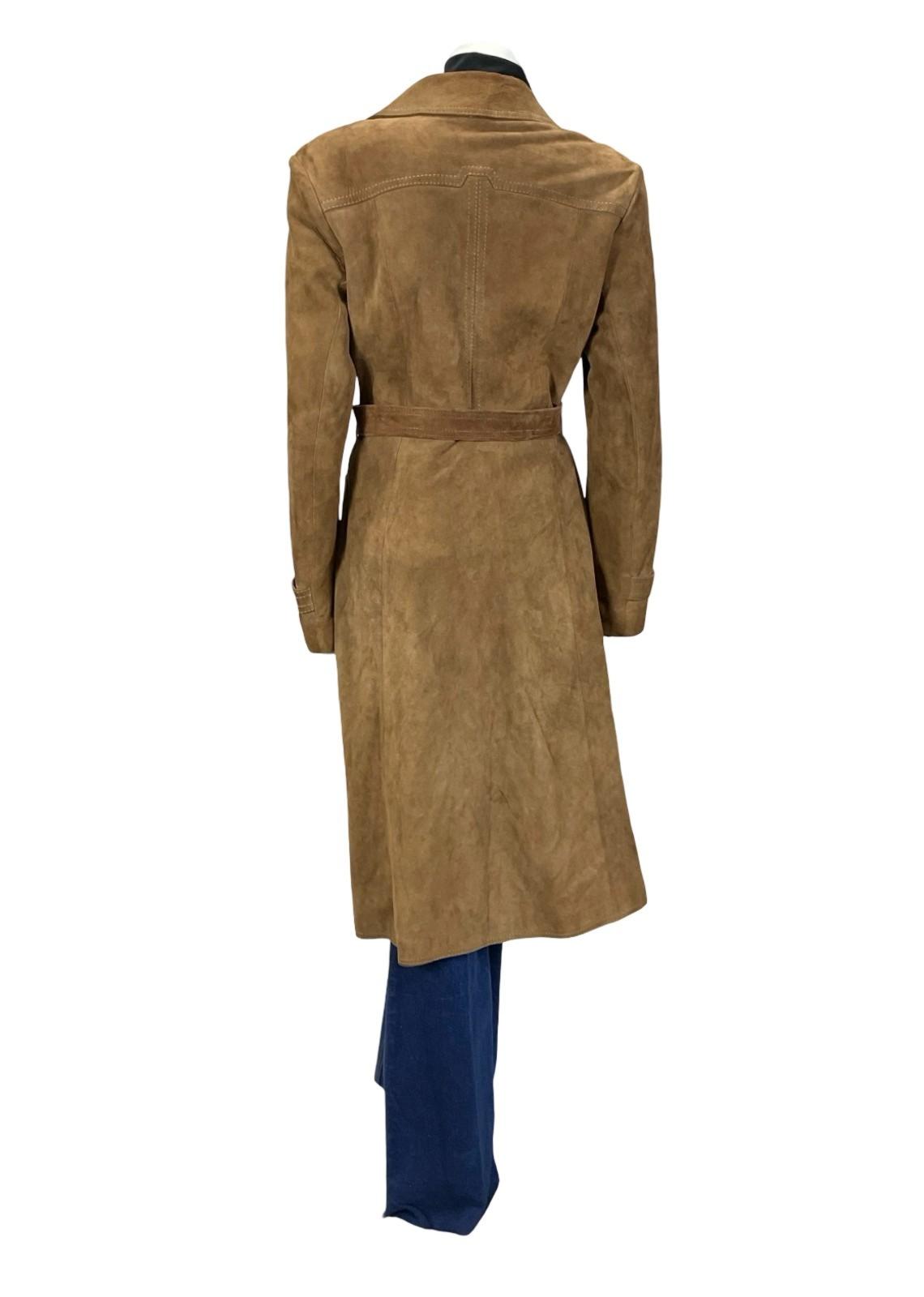 VTG 70S BROWN SUEDE SILVER WESTERN BUCKLE BELTED TRENCH COAT W/ POCKETS 12