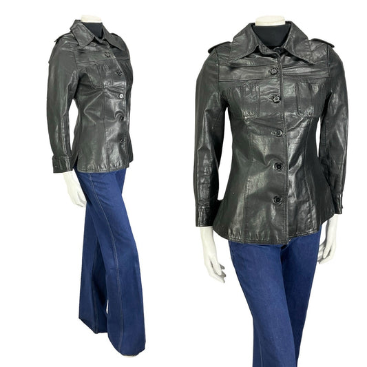 VTG 60S 70S BLACK JET BLACK LEATHER EPAULETTE MILITARY MOD JACKET 8