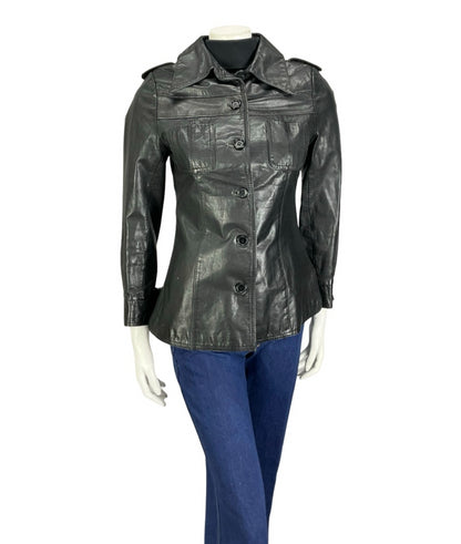 VTG 60S 70S BLACK JET BLACK LEATHER EPAULETTE MILITARY MOD JACKET 8