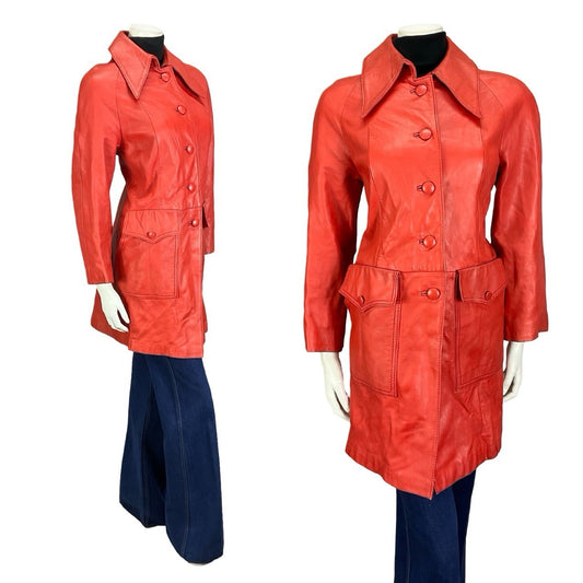 VTG 60S MOD GOGO BRIGHT RED LEATHER DAGGER COLLAR SHIFT JACKET 12