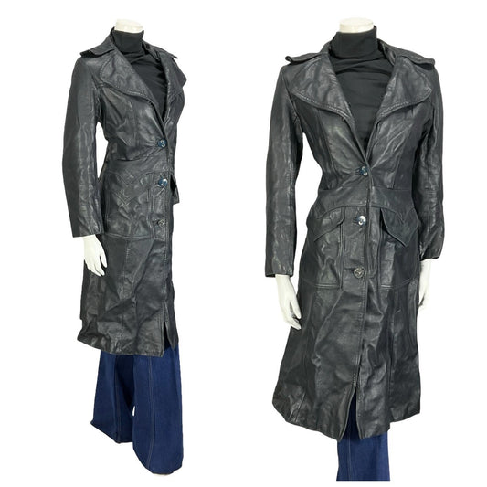 VTG 60S 70S NAVY BLUE LEATHER MOD TRENCH JACKET WITH POCKETS 10