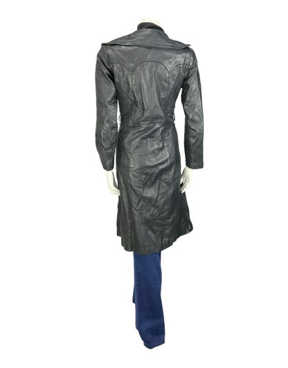 VTG 60S 70S NAVY BLUE LEATHER MOD TRENCH JACKET WITH POCKETS 10
