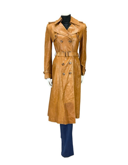 VTG 60S 70S SOFT TAN BROWN LEATHER MOD TRENCH MAC DOUBLE BREAST BELTED COAT 10