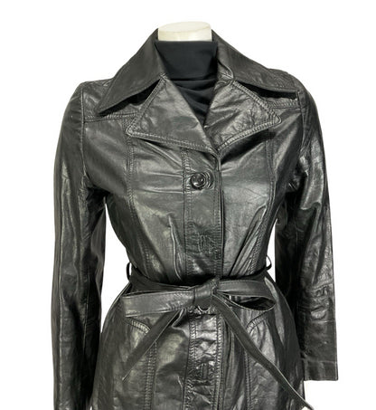 VTG 60S 70S JET BLACK LEATHER MOD TIE WAIST NOTCH LAPEL JACKET 8