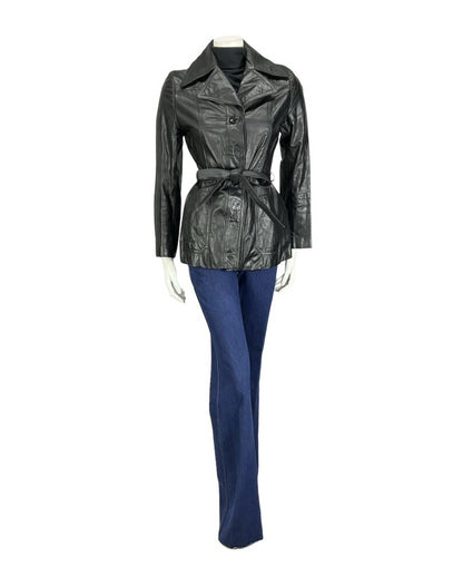 VTG 60S 70S JET BLACK LEATHER MOD TIE WAIST NOTCH LAPEL JACKET 8