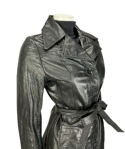 VTG 60S 70S JET BLACK LEATHER MOD TIE WAIST NOTCH LAPEL JACKET 8