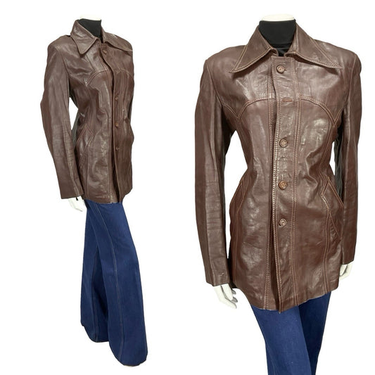 VTG 60S 70S REDDISH BROWN LEATHER WESTERN DAGGER COLLAR JACKET 12 14 M