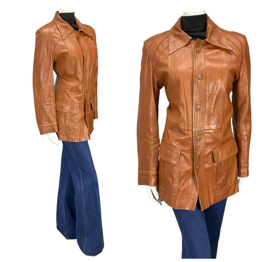 VTG 60S 70S BROWN LEATHER MOD DAGGER COLLAR JACKET WITH POCKETS 12
