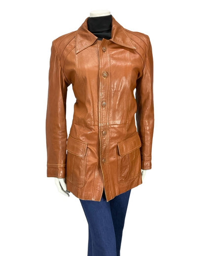 VTG 60S 70S BROWN LEATHER MOD DAGGER COLLAR JACKET WITH POCKETS 12