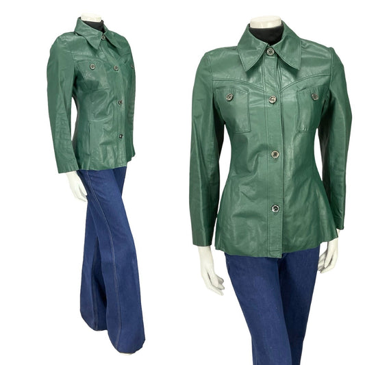 VTG 60S 70S MOD FOREST GREEN GREEN LEATHER DAGGER COLLAR LEATHER JACKET 8