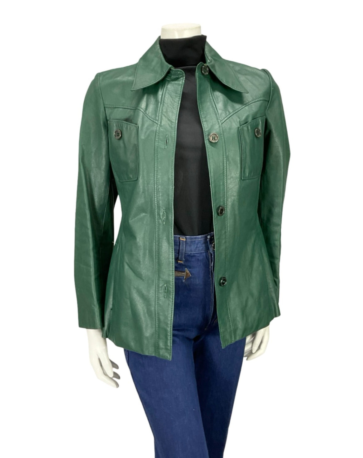 VTG 60S 70S MOD FOREST GREEN GREEN LEATHER DAGGER COLLAR LEATHER JACKET 8