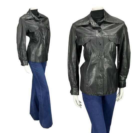 VTG 60S 70S JET BLACK LEATHER DAGGER COLLAR MOD JACKET WITH POCKETS 16
