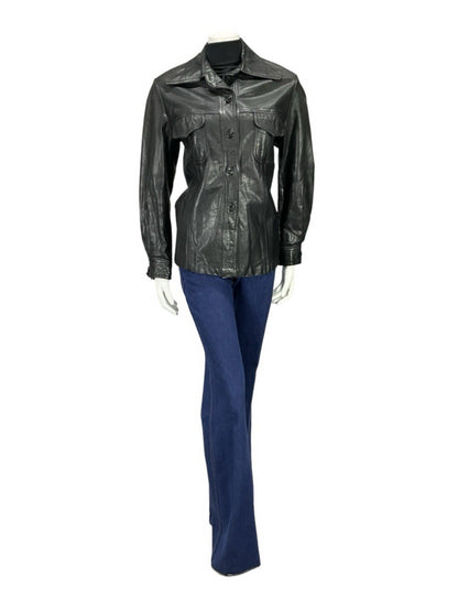 VTG 60S 70S JET BLACK LEATHER DAGGER COLLAR MOD JACKET WITH POCKETS 16