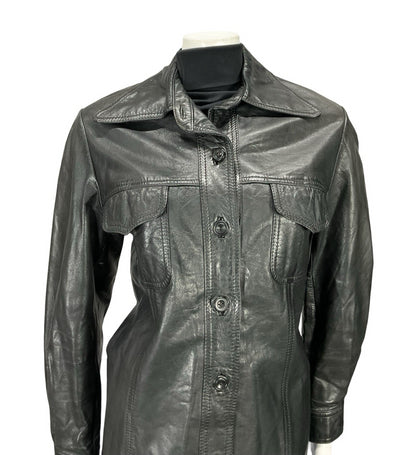 VTG 60S 70S JET BLACK LEATHER DAGGER COLLAR MOD JACKET WITH POCKETS 16