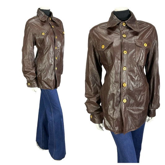 VTG 60S 70S CHOCOLATE BROWN LEATHER DOG EAR COLLAR BUTTON UP MOD JACKET 16 18 L