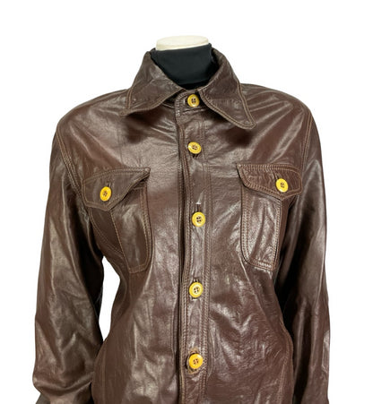 VTG 60S 70S CHOCOLATE BROWN LEATHER DOG EAR COLLAR BUTTON UP MOD JACKET 16 18 L