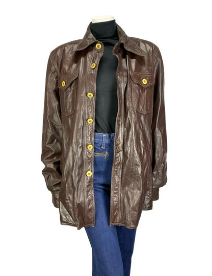 VTG 60S 70S CHOCOLATE BROWN LEATHER DOG EAR COLLAR BUTTON UP MOD JACKET 16 18 L