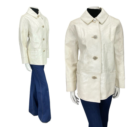 VTG 60S MOD GOGO GEOMETRIC WHITE LEATHER SHIFT COAT ZIP FAUX FUR GILET 16 18 L