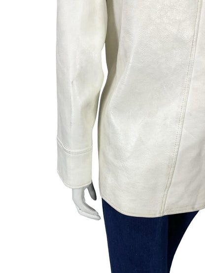 VTG 60S MOD GOGO GEOMETRIC WHITE LEATHER SHIFT COAT ZIP FAUX FUR GILET 16 18 L