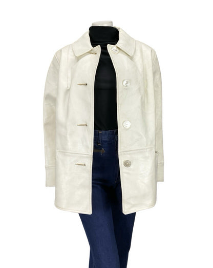 VTG 60S MOD GOGO GEOMETRIC WHITE LEATHER SHIFT COAT ZIP FAUX FUR GILET 16 18 L