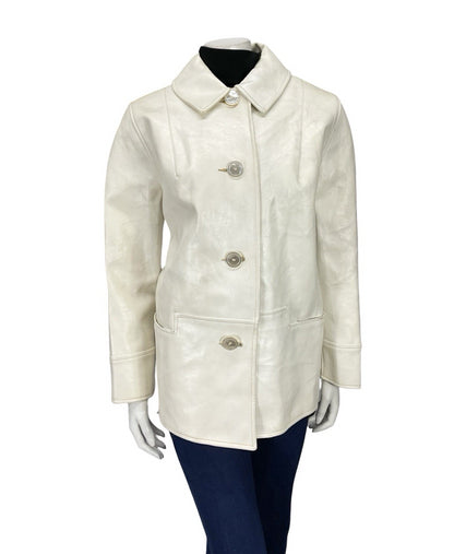VTG 60S MOD GOGO GEOMETRIC WHITE LEATHER SHIFT COAT ZIP FAUX FUR GILET 16 18 L